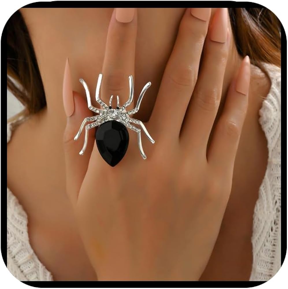 Halloween Spider Open Rings for Women，Statement Exaggerated Adjustable Zircon Gothic Retro Grunge Fashion Dainty Rings for Jewelry