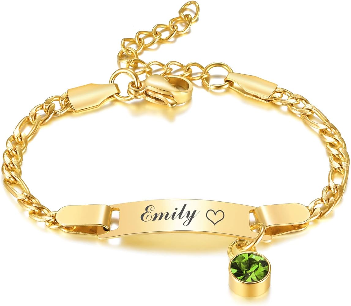 MEALGUET Custom Birthstone Child Bracelet : Gold Plated Stainless Steel Personalized Name Bar Name ID Bracelet for Children Toddler Girls from Mom Grandma, Birthstone Jewelry Gift,Nickel free