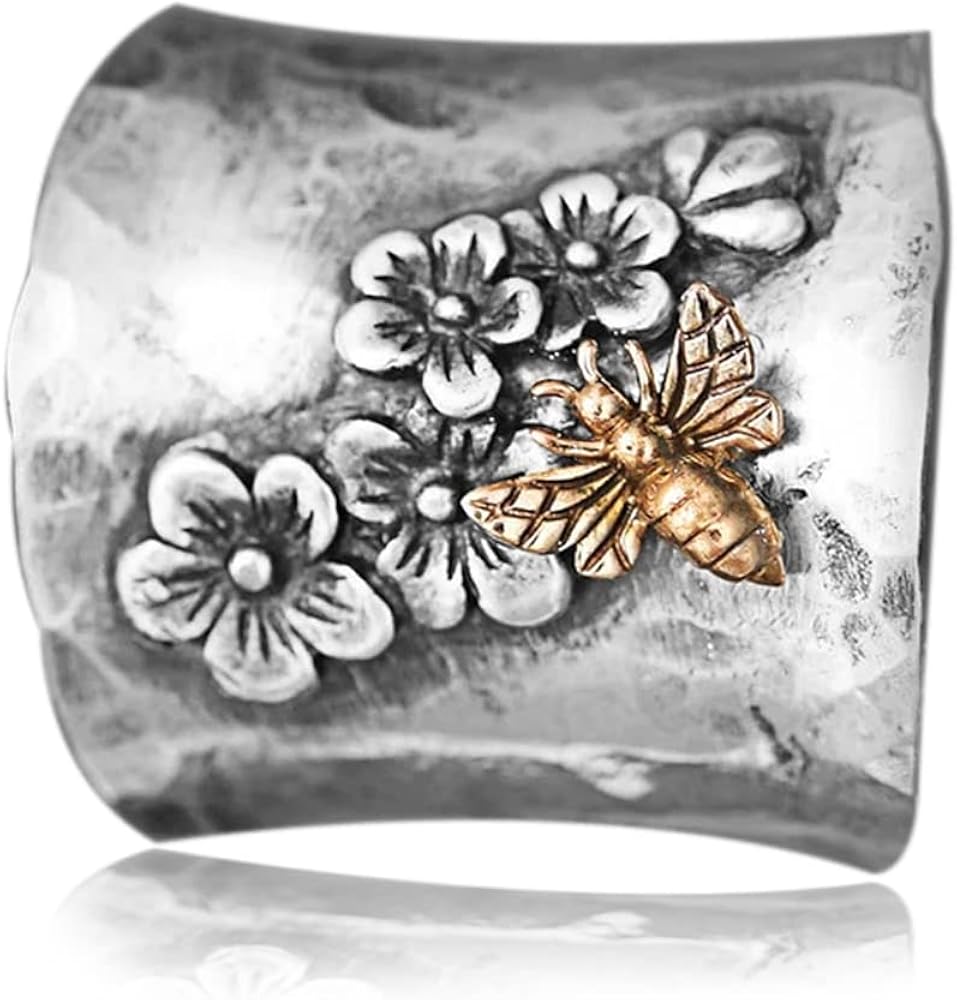 S925 Sterling Silver Big Large Flowers Butterfly Bee Wide Bands Ring for Women Girls,Animal Thumb Index Middle Finger Ring,Retro Vintage Boho Ring Jewelry Gift