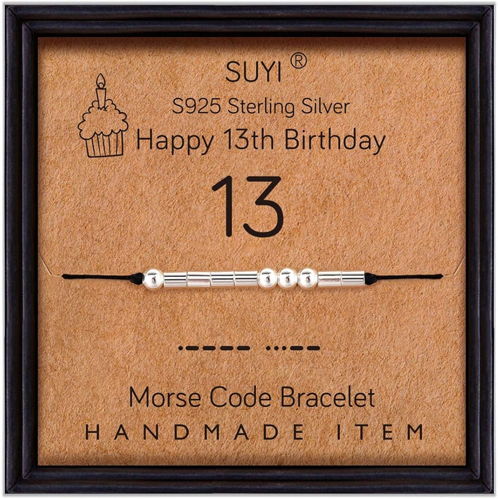 Suyi Morse Code Bracelet Birthday Gifts for Women Girls Sterling Silver Bracelet Birthday Jewelry for 12th 13th 14th 15th Sweet 16th 17th 18th 19th 20th 21st 25th 30th 40th 50th 60th 70th 80th