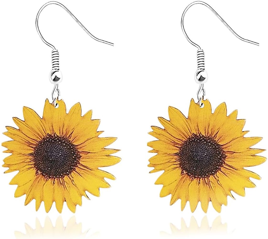 Sunflower Flower Statement Dangle Earrings for Women Girls Handmade Wooden Yellow Daisy Drop Dangling Hook Earring Lightweight Elegant Boho Sunshine Holiday Birthday Christmas Jewelry Gifts