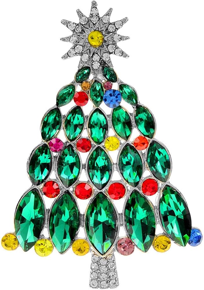 Christmas Tree Brooch Crystal Rhinestone Xmas Brooches Lapel Pin Corsage Tiered Leaf Scarf Scarves Shawl Clip Holiday Jewelry Party for Women Girl Dress Suit Accessories Unisex Gifts