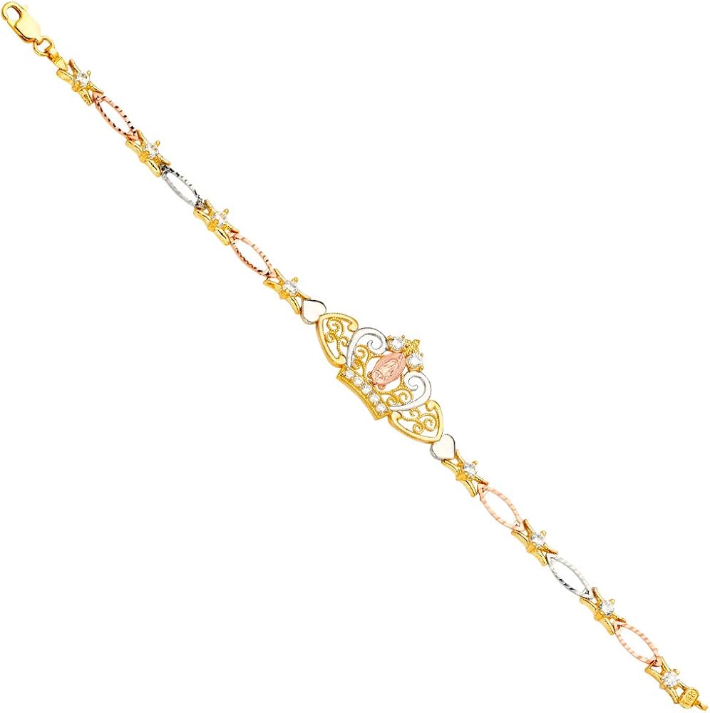 14KY Tri Color Guadalupe Crown Cubic Zirconia Bracelet - 7.5" | Gold Chain Bracelet for Women | Solid Gold Bracelets for Womens Mens Girls Boys 14k Real | Birthday Valentines Gifts For Adults | Weight 7.5 | Jewelry Gift Box