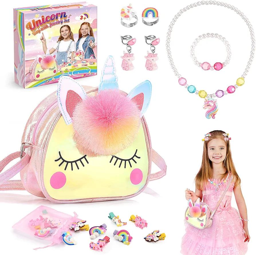 Unicorn Gifts for Girls, Unicorn Toys Gifts for 3 4 5 6 7 8 Year Old Girls,Jewellery Sets for Girls, Birthday Presents Unicorn Bag Halloween