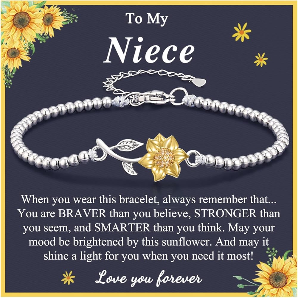 UNGENT THEM Sunflower Gifts for Mom/Daughter/Granddaughter/Niece/Sister/Friend, Adjustable Bracelet for Teen Girls Women