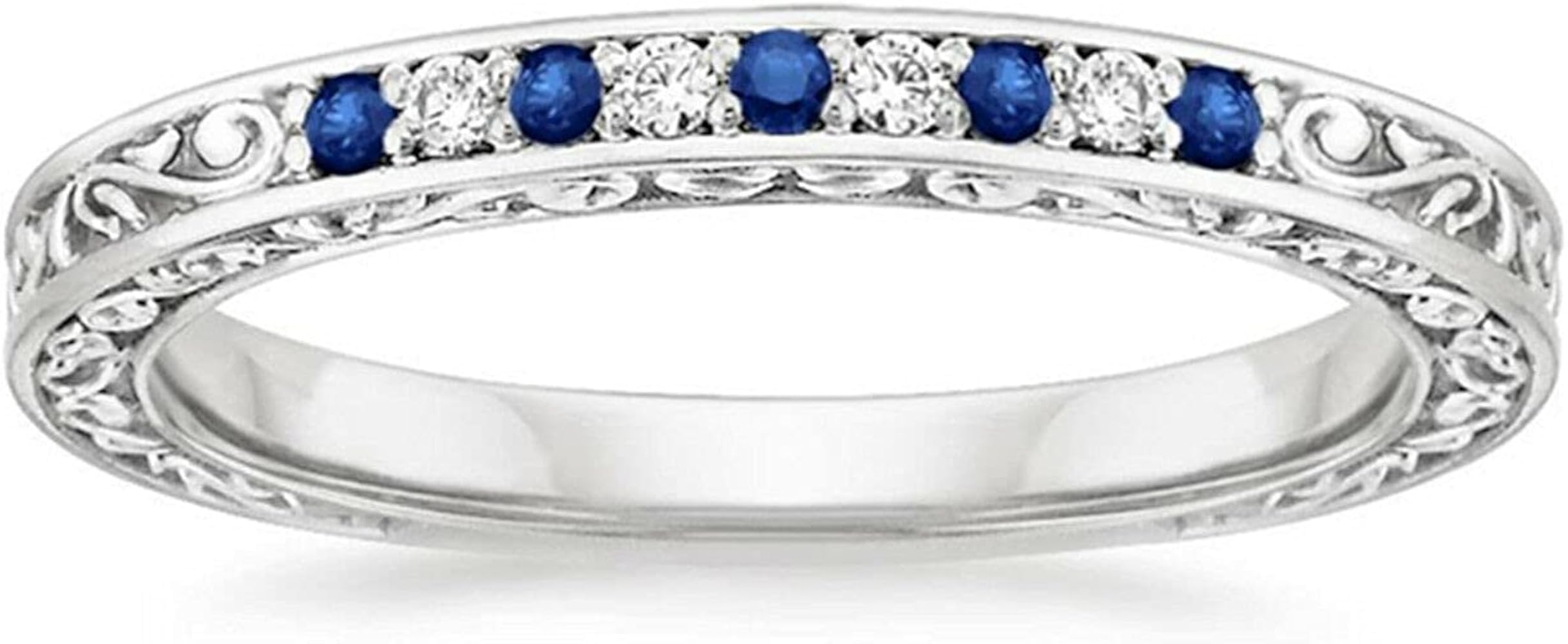 Round Cut Blue Sapphire & Cubic Zirconia Accents Antique Scroll Wedding Band Ring For Womens & Girls 14k White Gold Plated 925 Sterling Silver.