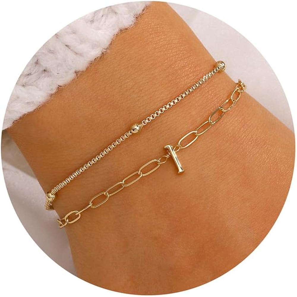 M MOOHAM Gold Initial Bracelet for Women - Dainty Layered Personalized Bracelet Gold Jewelry Birthday Gifts for Women