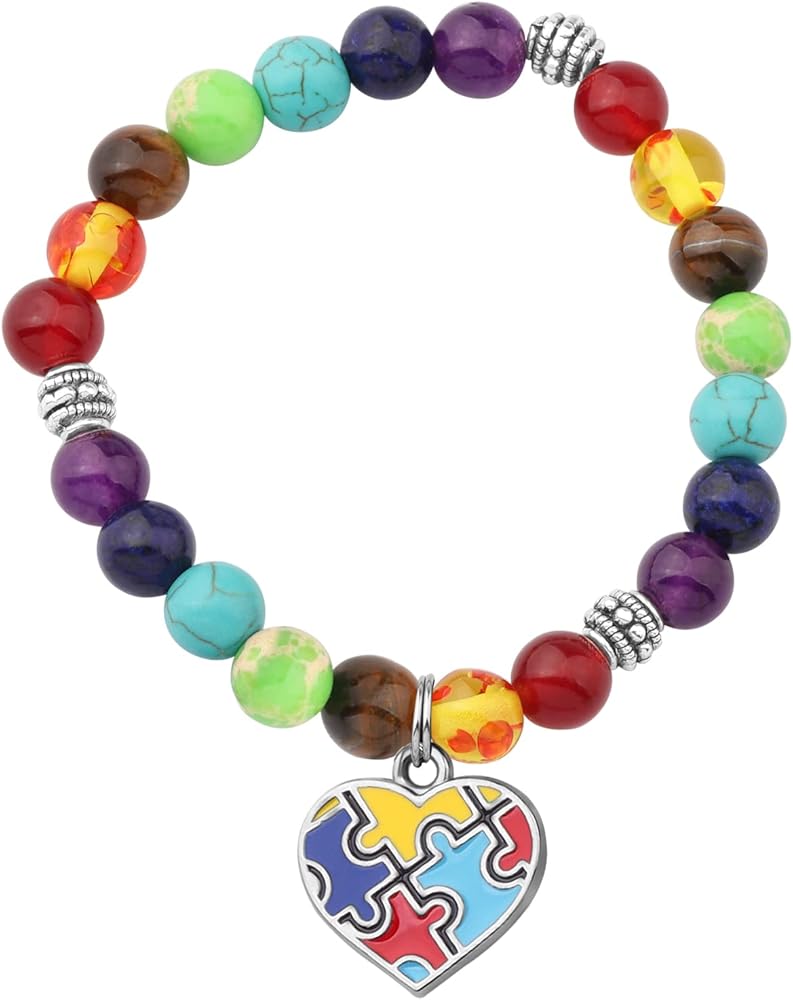 MYOSPARK Autism Puzzle 7 Chakra Beads Elastic Bracelet Autism Awareness Jewelry Gift for Autism Teacher Autism Mom/Aunt/Grandma Gift