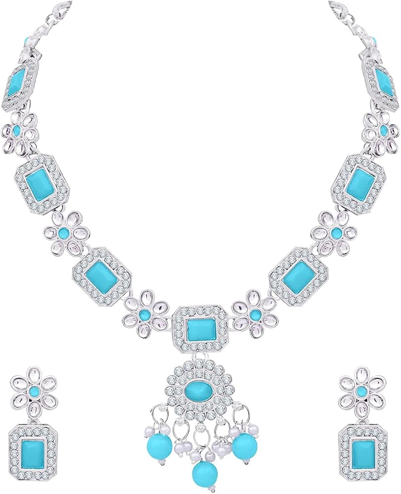 Silver Plated Turquoise Kundan Crystal Diamond Style Silver Plated Necklace Jewellery Set with Earrings for Party Wedding