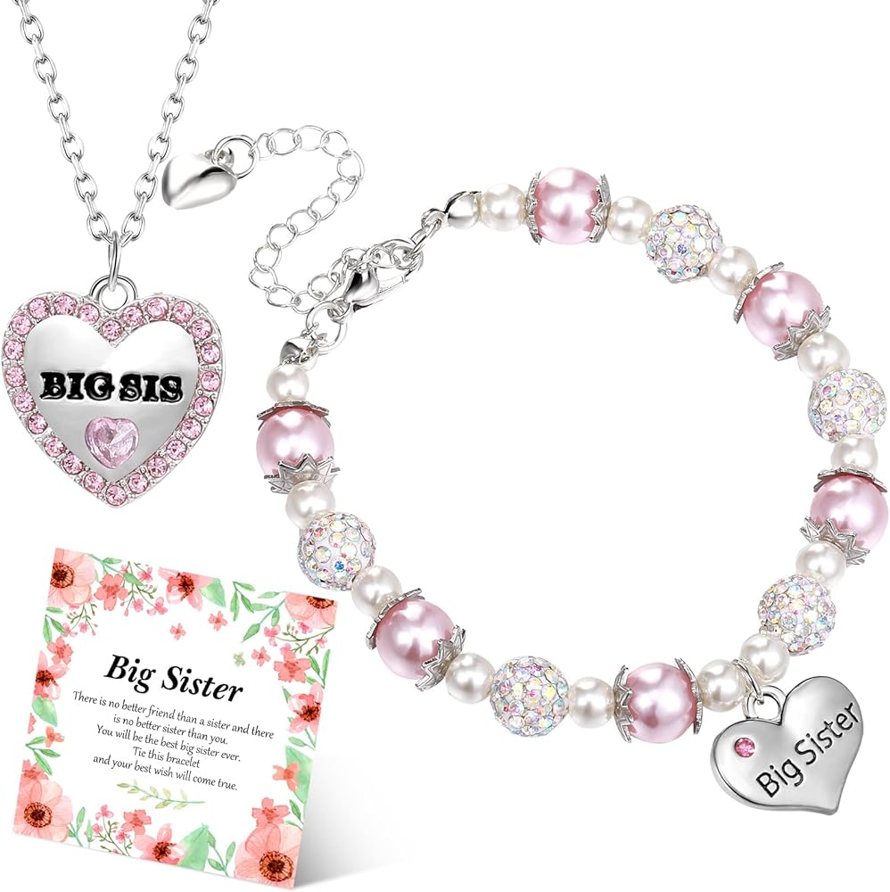 Jadive Big Sister Gift, Pink Pearl and Rhinestone Bracelet and Big Sister Heart Crystal Necklace Set for Hers Teen Jewelry Graduation Birthday Gifts (Big Sister)