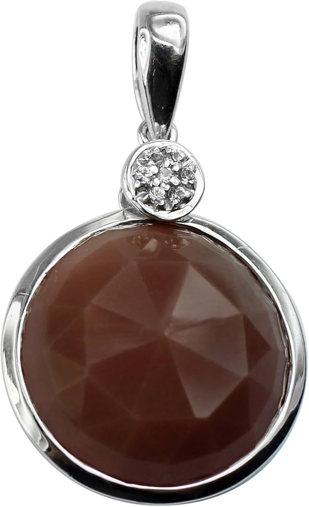 Carillon Chocolate Moonstone Natural Gemstone Round Shape Pendant 10K, 14K, 18K White Gold Engagement Jewelry