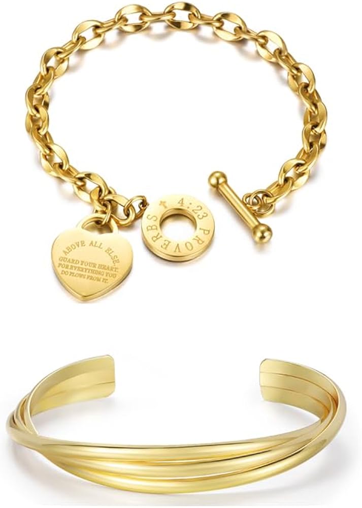 Gold Heart Charm Bracelet and Cuff Bracelet for Women Teen Girls