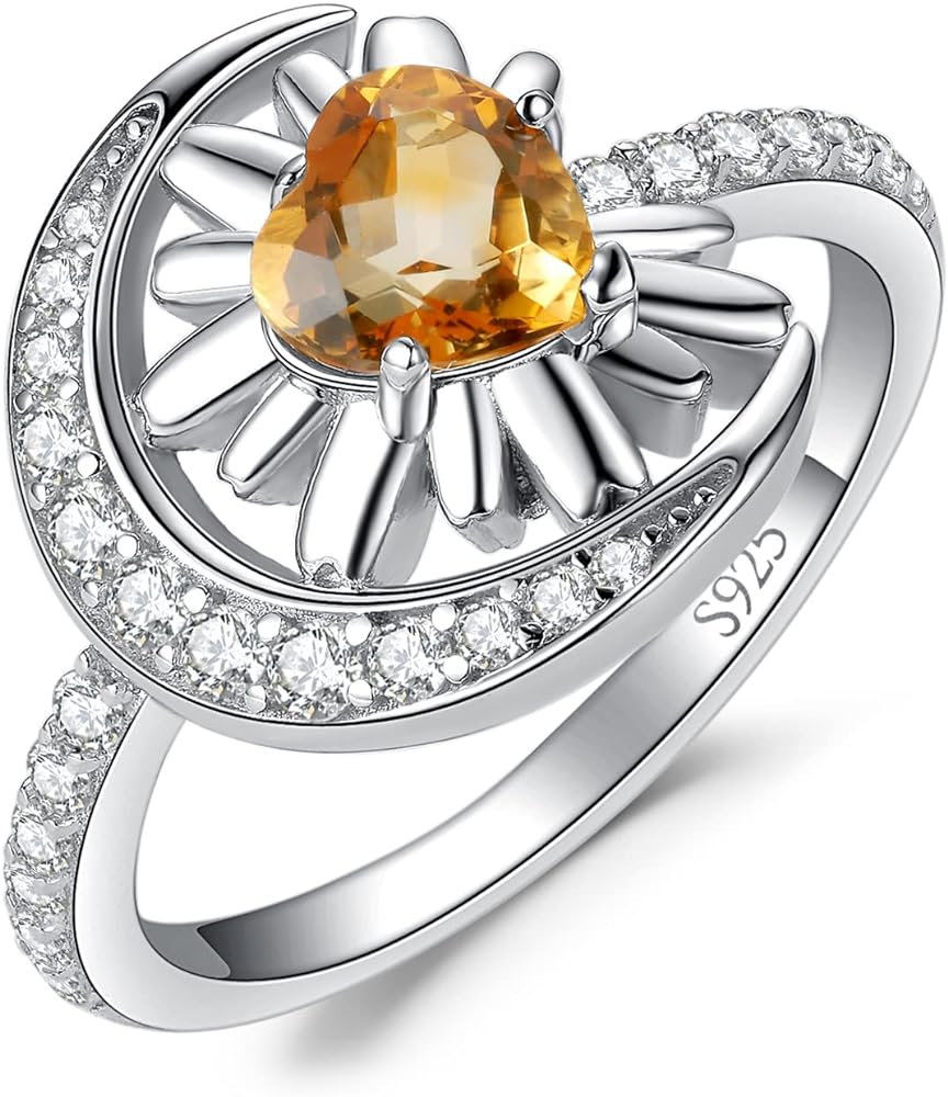 JewelryPalace Sunflower Love Heart 0.7ct Genuine Citrine Rings for Women, Flower Daisy Sun Moon 14K Gold 925 Sterling Silver Ring for Girl, Yellow Natural Gemstone Jewelry Sets