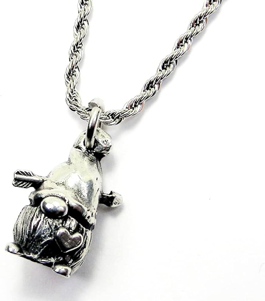 Valentine gnome arrow through his hat 3D charm 20" Chain Necklace With Focal Charm Made In USA from Genuine American Pewter! For Women, Girls, Teen