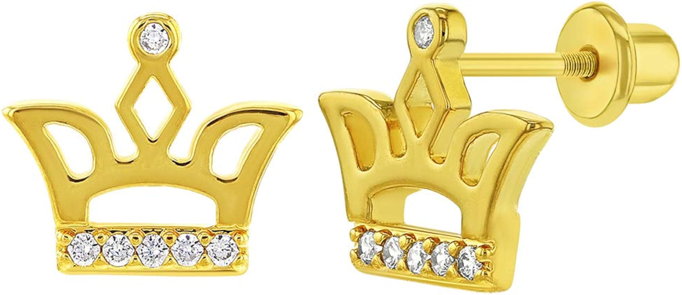 Gold Plated Clear Cubic Zirconia Princess Crown Safety Screw Back Earrings for Toddlers and Young Girls - Stunning Royal Princess Crown Jewelry Gift for your Little Princess