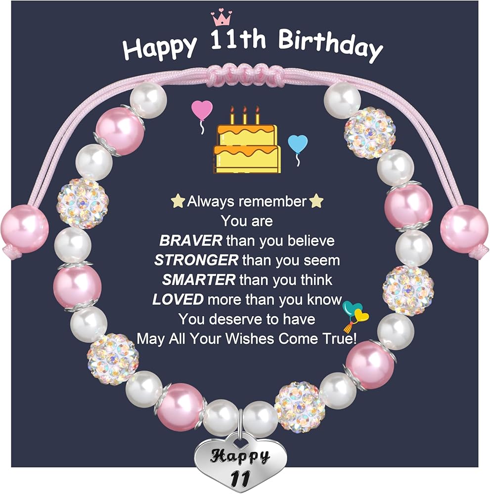 JoycuFF Happy Birthday Gifts for 4-12 Year Old Girls Birthday Number Bracelets Pink Pearls Charm Bracelets Gifts for Girls Daughter Granddaughter Niece Sister 7th 9th 11th