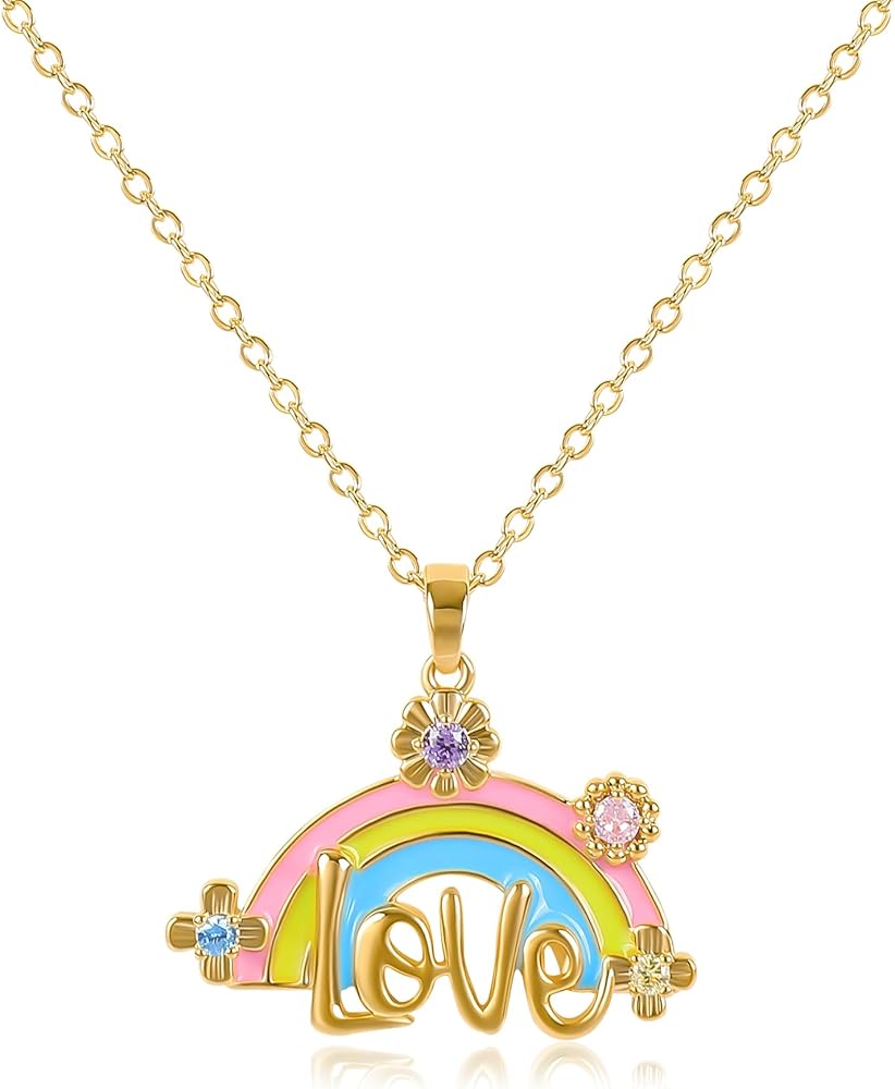 Colorful Rainbow Pendant Necklace for Women Teen Girls 14K Gold Plated Rainbow Charm Necklace with Cute Cubic Zirconia Flower LOVE Words Necklace Adjustable Party Trendy Jewelry Gift for Girls