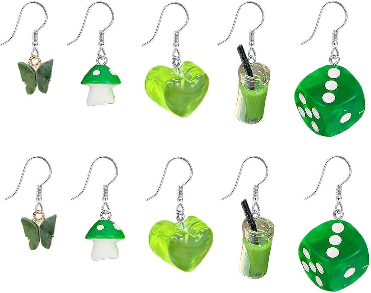 5 Pairs Green Cute Heart Butterfly Dangle Earrings Set for Girls Teens Hypoallergenic Acrylic Dainty Mushroom Bubble Tea Dice Charms Drop Dangling Hook Helix Stud Lovely Birthday Holiday Party Jewelry Gifts