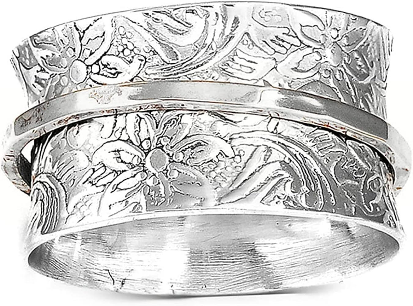 Jude Jewelers Stainless Steel Floral Pattern Chunky Size Rotating Spinner Band Ring