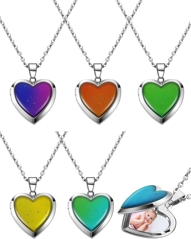 Hicarer Heart Mood Locket Necklace for Girls Locket Color Changing Necklace Temperature Sensing Mood Necklace Stainless Steel Love Shape Photo Pendant Birthday Valentines Gift Kids