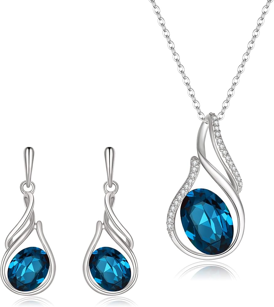 EleQueen Austrian Crystal Cubic Zirconia Jewelry Sets for Women, Silver-Tone Blue Teardrop Pendant Necklace Stud Earrings Valentine's Day/Mother's Day/Christmas Jewelry Gift