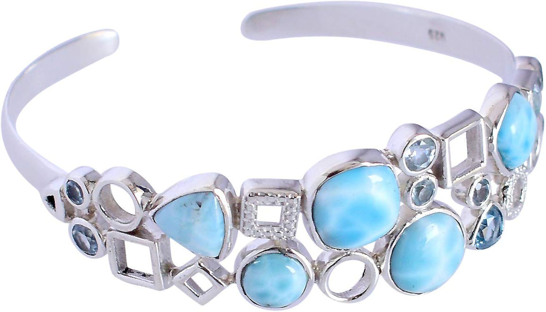 Larimar & Blue Topaz Gemstone 925 Solid Sterling Silver Cuff Bangle Gorgeous Designer Jewellery For Girls