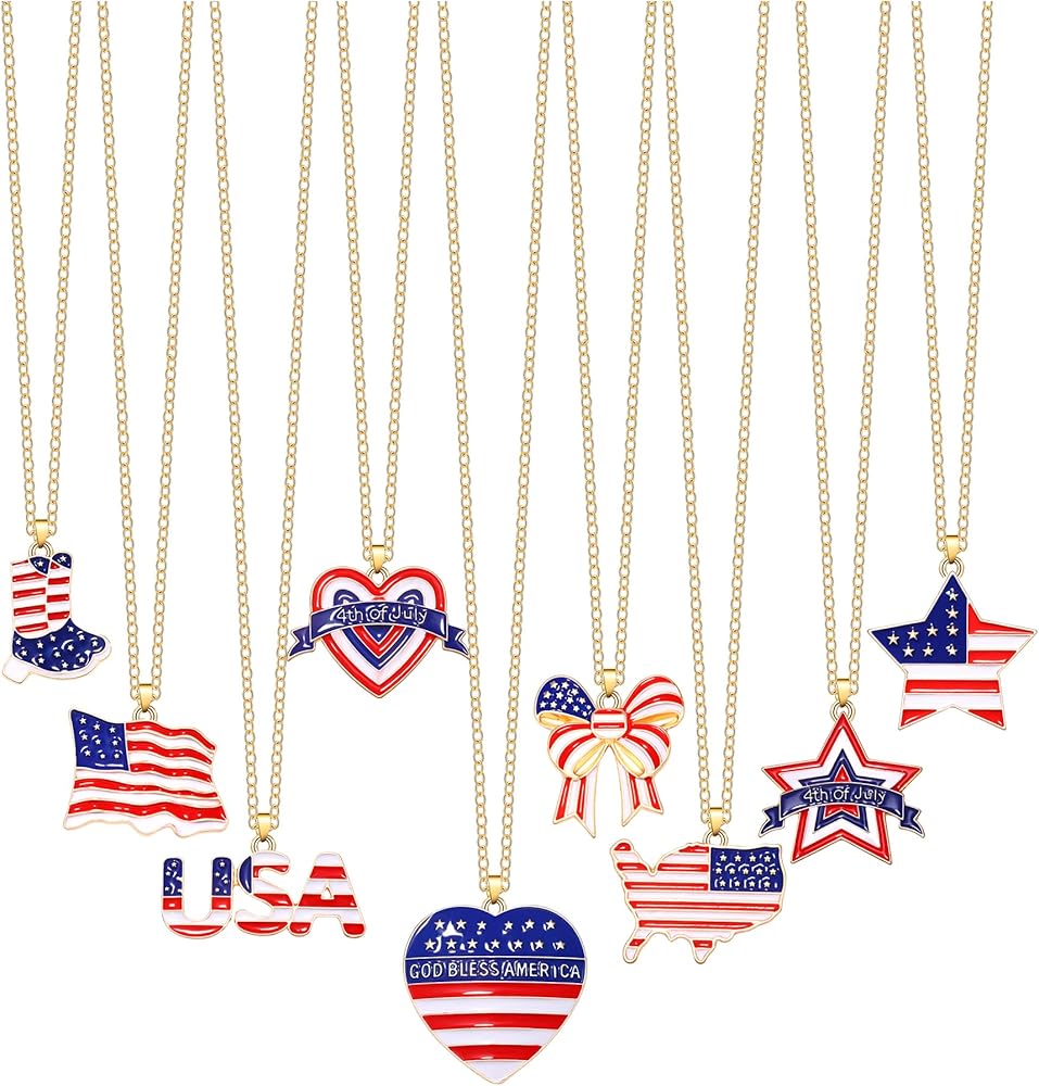 9Pcs American Flag Star USA Pendant Necklaces Set for Women Girls,Patriotic Enamel American Flag Map Knot Heart Boots Pendant Necklace, Memorial Day 4th of July Independence Day Decorations Holiday Jewelry Gifts