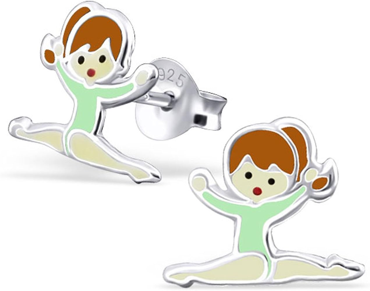 Gymnastics Girl Earrings Green Stering Silver 925 Studs Post (E22231)