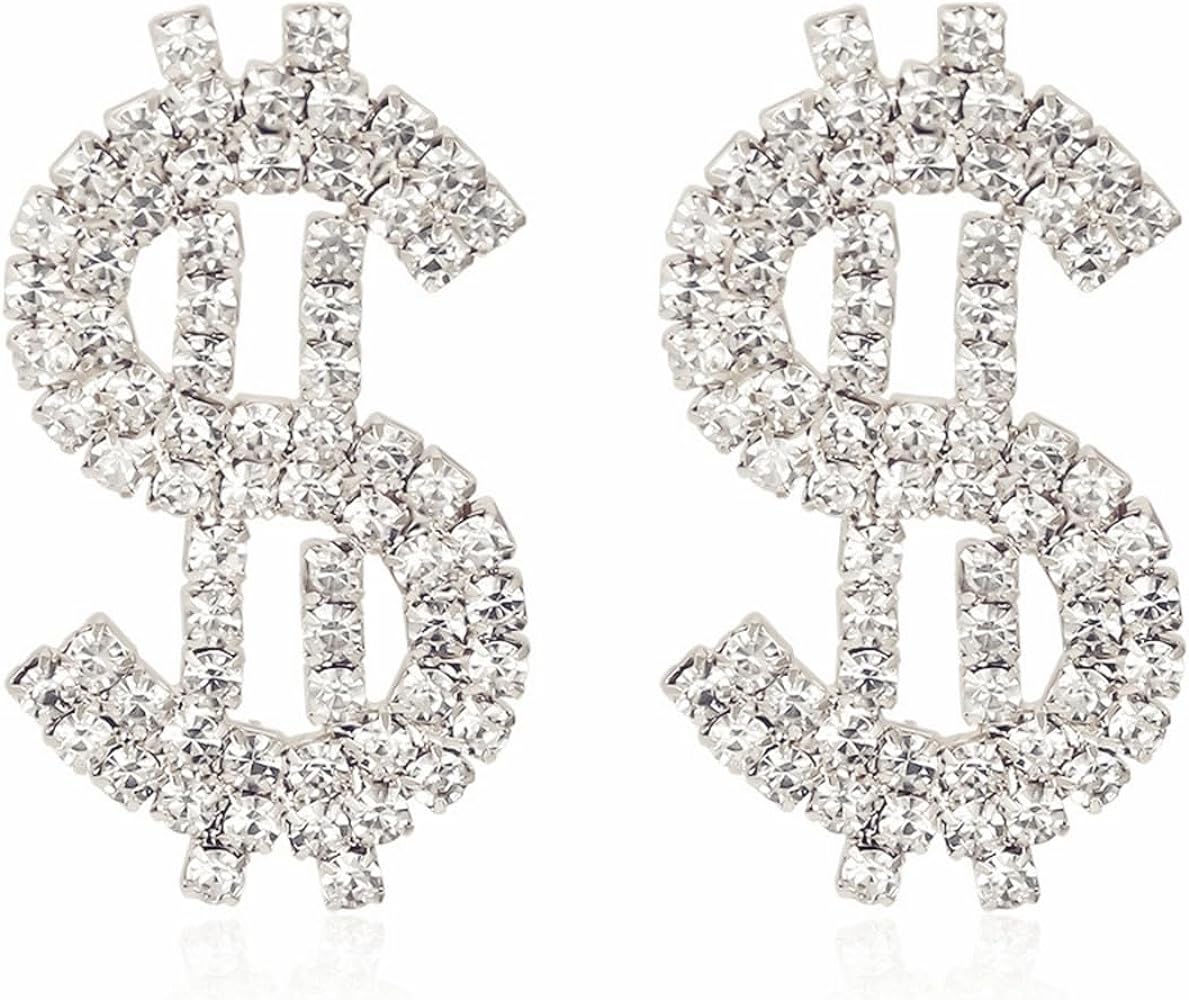 Dollar Money Symbol Crystal Stud Earrings Funny Statement Currency Dollar Sign Rich Symbol Shiny Rhinestone Cubic Zirconia Elegant Hypoallergenic Earrings for Women Teen Girls Fashion Jewelry Gifts