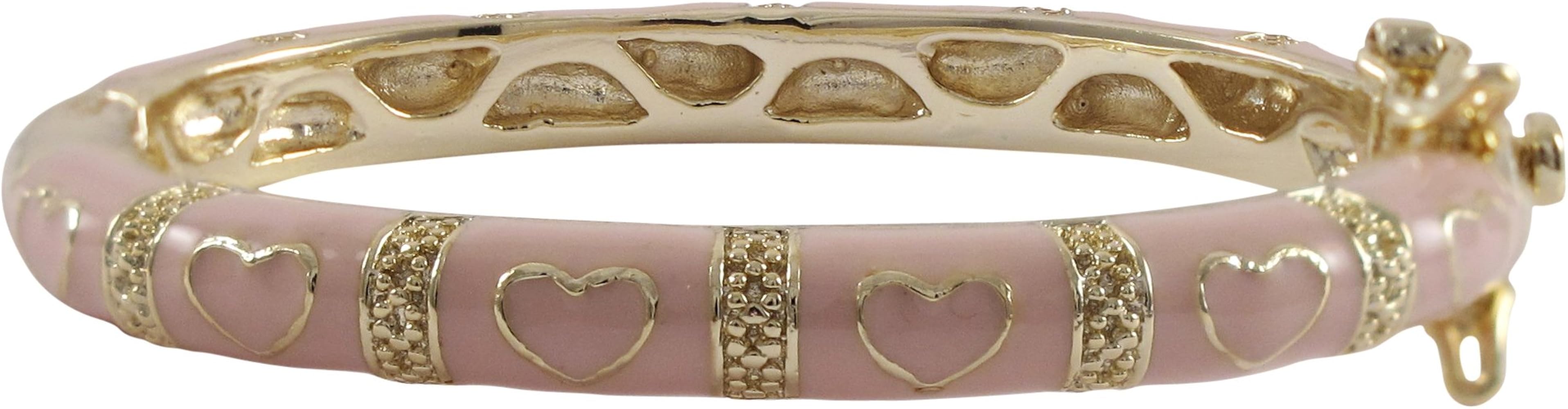 Gold Finish Pink Enamel Hearts Girls Bangle Bracelet