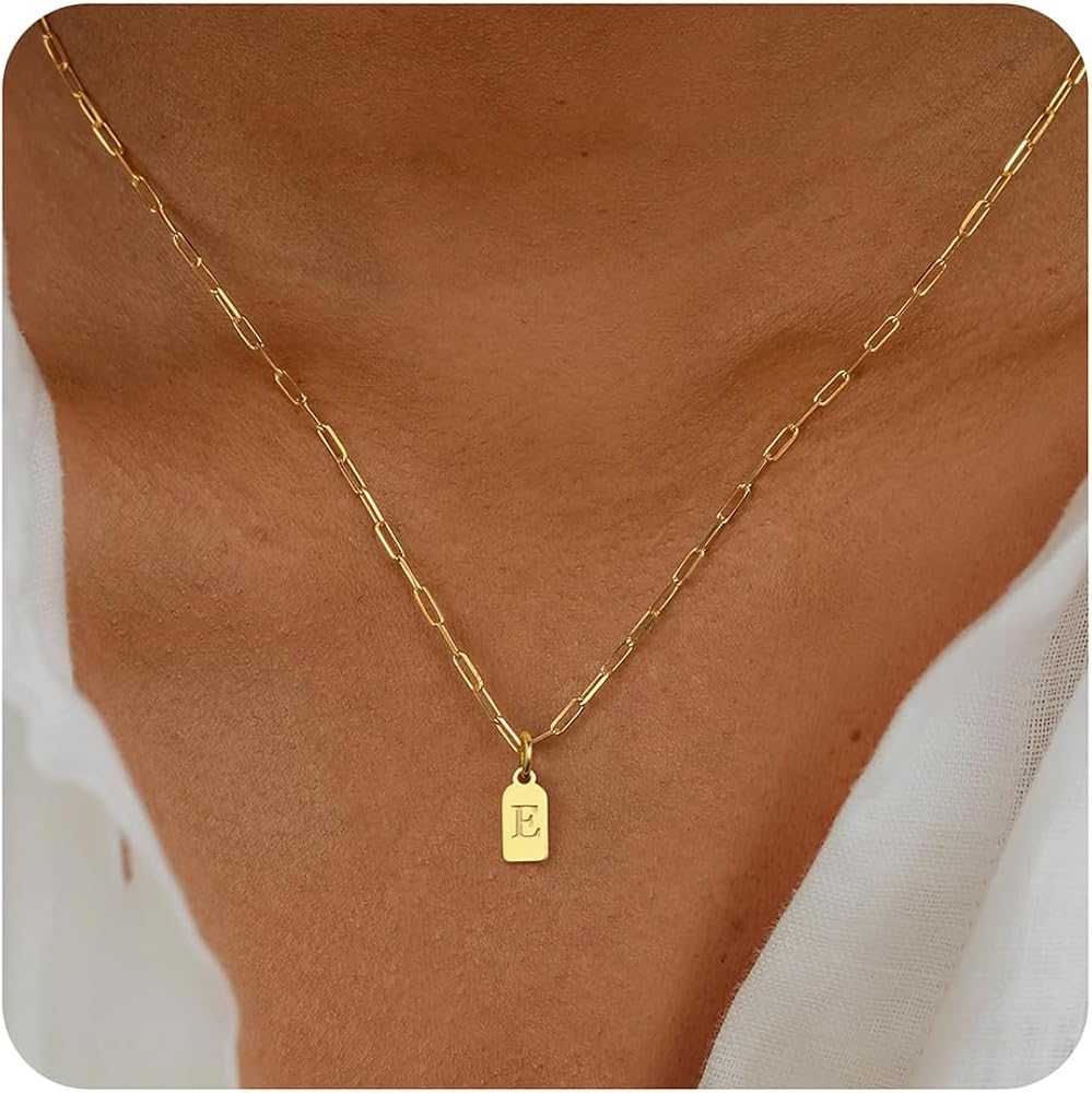 Turandoss Initial Necklaces for Women Girls - Dainty 14K Gold Plated Personalized Initial Tag Square Pendant Necklace Paperclip Chain Letter Necklace Gold Jewelry for Women Girls Gifts