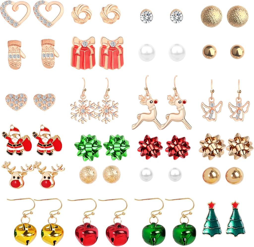 24 Pairs Christmas Earrings Set for Women Holiday Stud Earrings Jingle Bell Tree Snowman Santa Claus Snowflake Earrings Christmas Jewelry for Girl Cute Xmas Party Gifts