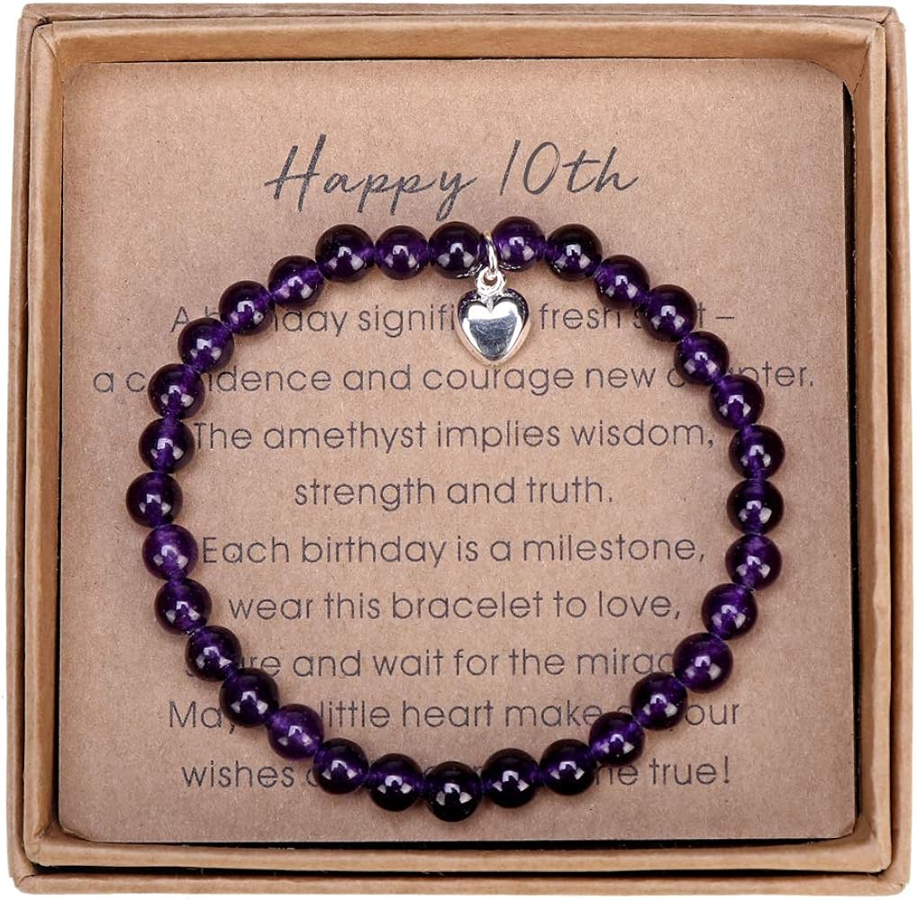 Gifts for 10 Year Old Girl Amethyst Bead Bracelet with Sterling Silver Heart Charm Christmas Birthday Best Gift for 10 Year Old Girl with Card and Gift Box