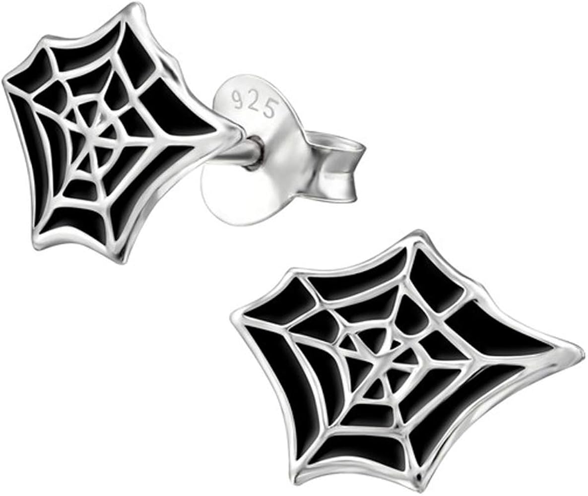 Small Sterling Silver Spider Web Studs Earrings, Halloween Earrings, Black web, Stering Silver, Nickle Free (E13277)