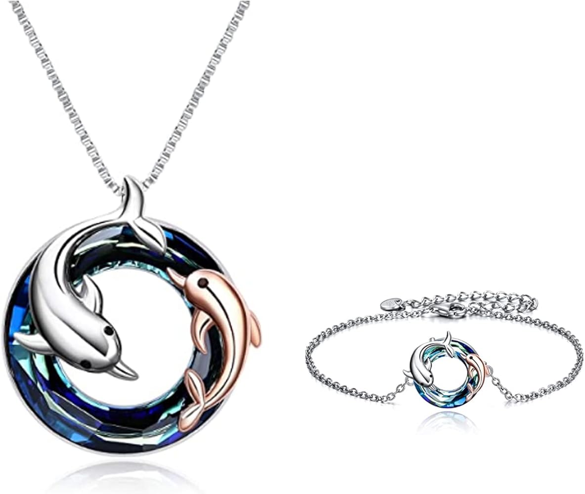 ONEFINITY Dolphin Necklaces and Bracelet Sterling Silver Crystal Dolphin Jewelry Set Mother and Daughter Ocean Gifts for Mom Girls