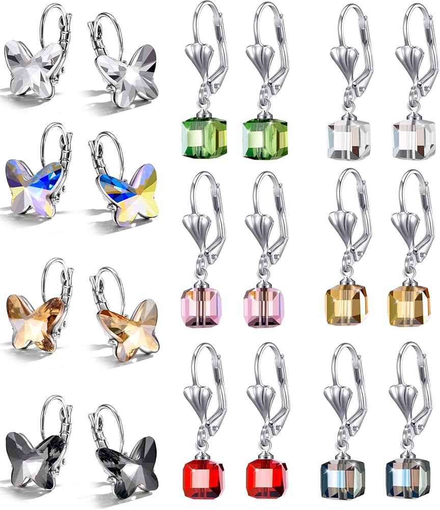 10 Pairs Butterfly Dangle Earrings for Women Fashion- Butterfly Earrings Leverback Earrings for womens Earrings Set -Cube Crystal Earrings Pack for Teens -Dainty Earrings Cute Earrings for Teen Girls