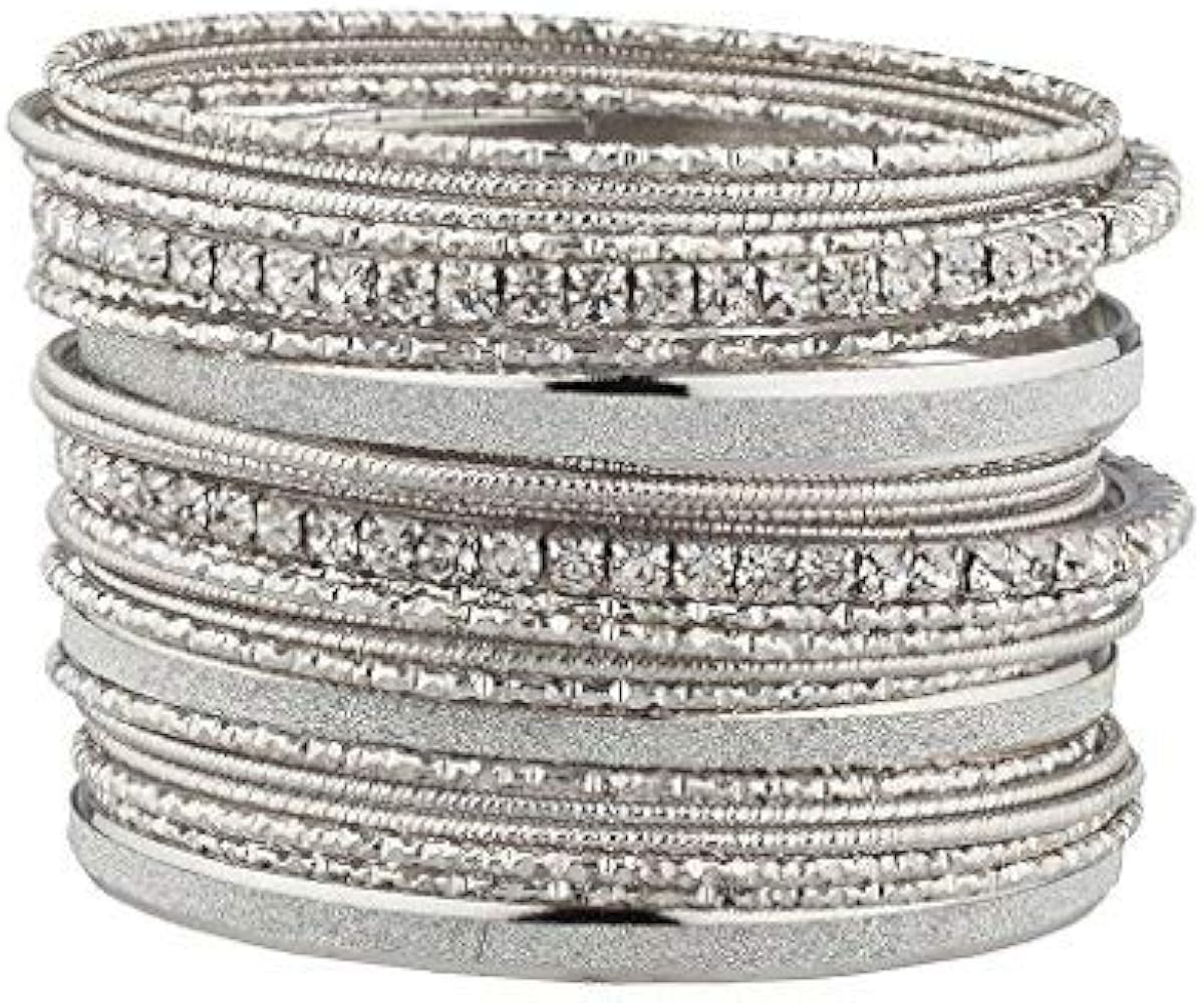 LUX ACCESSORIES Glitter Sparkle Mixed Metal Pave Crystal Textured Multiple Bangle Set