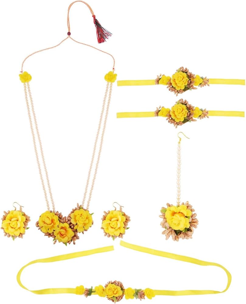 Efulgenz Indian Flower Jewelry Set for Haldi Mehandi Baby Shower Wedding Women Girls yellow