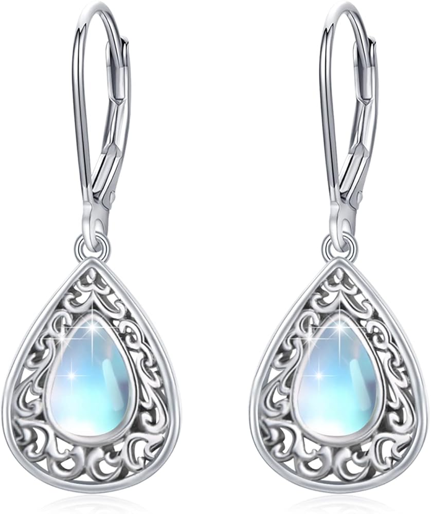 Cuoka Moonstone Leverback Earrings 925 Sterling Silver Vintage Vine Teardrop Moonstone Drop Dangle Earrings Moonstone Jewelry Gifts for Women Girls