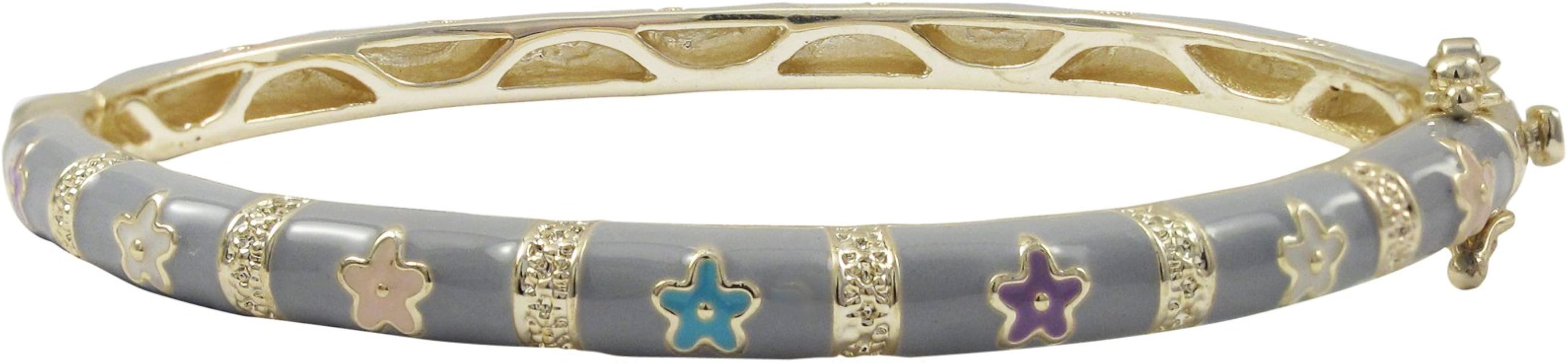 Gold Finish Grey Enamel Multi Flowers Girls Bangle Bracelet