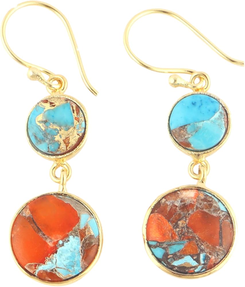 Guntaas Gems Double Stone Orange Jade Copper Turquoise Hook Earring Brass Gold Plated Round Drop Earrings