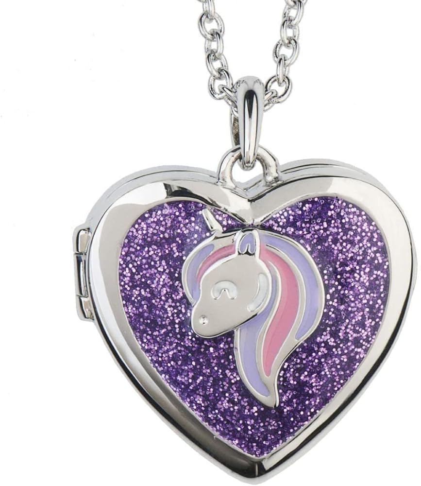 iSparkle Heart Locket Necklace | Sparkly Glitter Animal Pendant | Secret Inside Storage | Silver Tone Chain