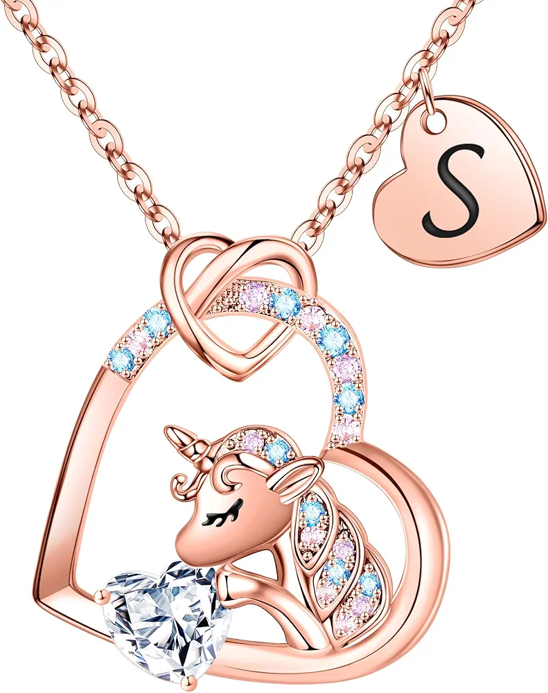 Unicorns Gifts for Girls, Initial Necklaces for Women Girls Rose Gold Plated Heart Necklace Unicorn Necklaces for Girls Teen Girls Unicorn Jewelry for Girls S Initial Necklaces Unicorns Gifts for Girls