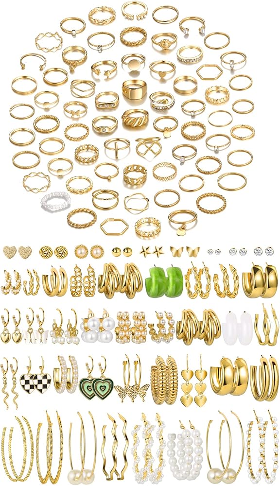 YEEZII 68 Pcs Gold Knuckle Rings Set & 44 Pairs Gold Hoop Earrings Set for Women Girls, Fashion Dangle Heart Statement Pearl Earrings Pack, Hypoallergenic Chunky Hoops Jewelry for Birthday Party Gift