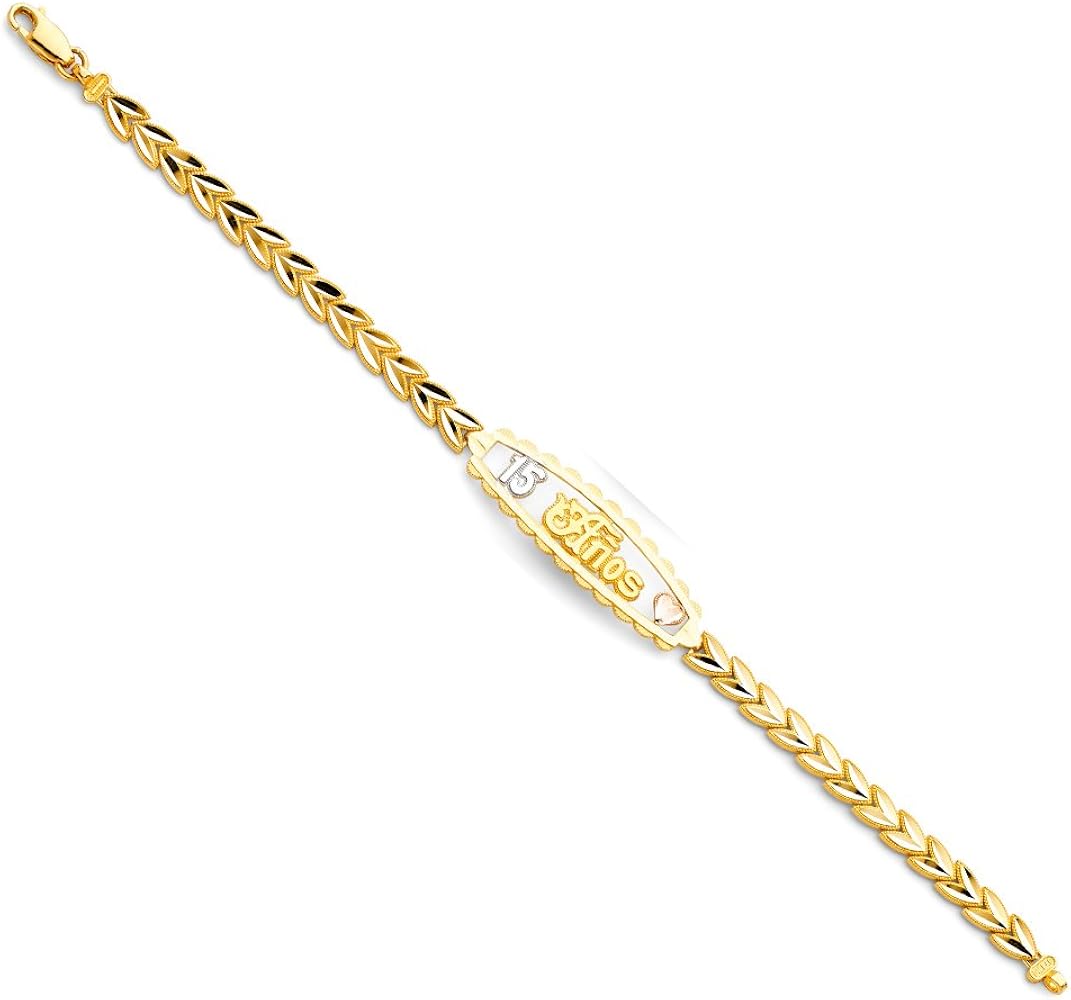 14KY Tri Color 15 Years ID Bracelet - 7.25" | Yellow Gold Chain Bracelet for Men and Women | Solid Gold Bracelets for Womens Mens Girls Boys 14k Real | Birthday Valentines Gifts For Adults | Weight 7.5 | Jewelry Gift Box