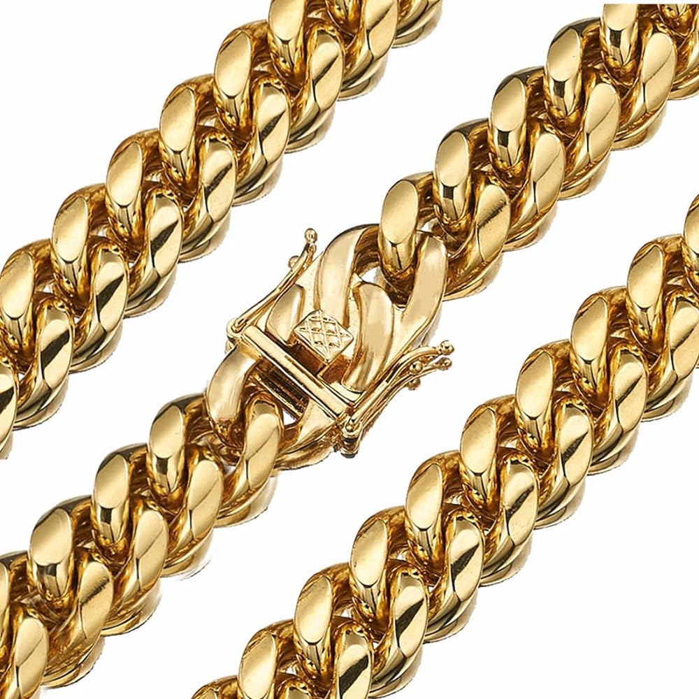 Mens Cuban Link Chain Necklace Bracelet Heavy Duty 18K Gold Plated Stainless Steel Metal Chain Necklace for Boys Girls Width 6/8/10/12/15/18mm with Design Buckle Fashion Jewelry