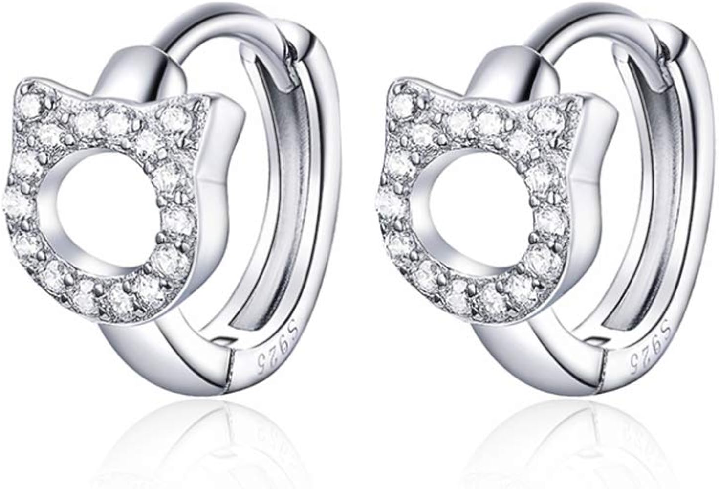 Cute Cat Cubic Zirconia Cartilage Small Hoop Earrings for Women Teen Girls 925 Sterling Silver CZ Tiny Hollow Kitty Pet Hinged Huggie Sleeper Hoops Hypoallergenic for Sensitive Ear Dainty Jewelry