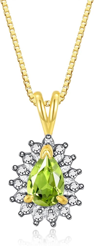 Rylos Halo Pendant 14K Yellow Gold Necklace : Gemstone & Diamond Accent, 18 Chain - 6X4MM Tear Drop Birthstone Women's Jewelry - Timeless Elegance