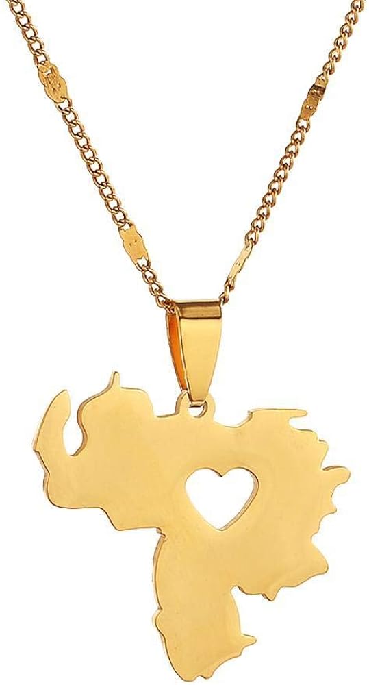 Stainless Steel Venezuela Map Pendant Necklace Venezuelan Map Heart Chain Jewelry-Gold-Color