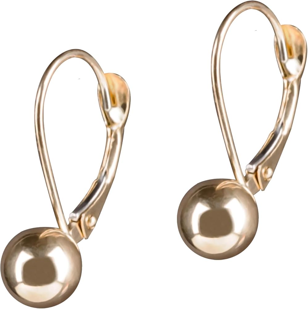 14k Gold Earrings, Classic Dangle Earrings with Round Ball and Easy-to-Use Secure Leverback Clasp